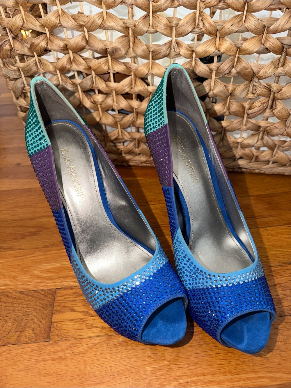 Enzo Angiolini Blue and Teal Jeweled Peep-Toe Pumps